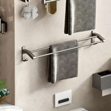 SOGA 62cm Gray Wall-Mounted Double Pole Towel Holder Bathroom Organiser Rail Hanger with Hooks