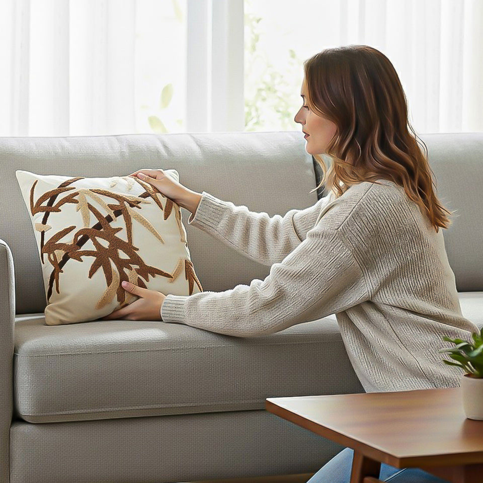 SOGA 2X 45cm Cream Brown Bamboo Leaf Botanical Embroidered Throw Pillow