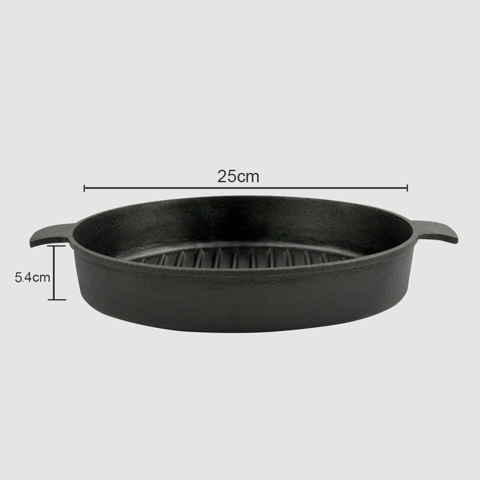 SOGA 2X 25cm Round Ribbed Cast Iron Frying Pan Skillet Steak Sizzle Platter with Handle