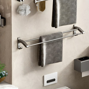 SOGA 2X 62cm Gray Wall-Mounted Double Pole Towel Holder Bathroom Organiser Rail Hanger with Hooks