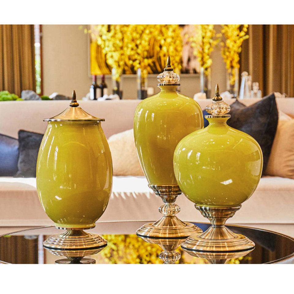 SOGA 38cm Ceramic Oval Flower Vase with Gold Metal Base Yellow