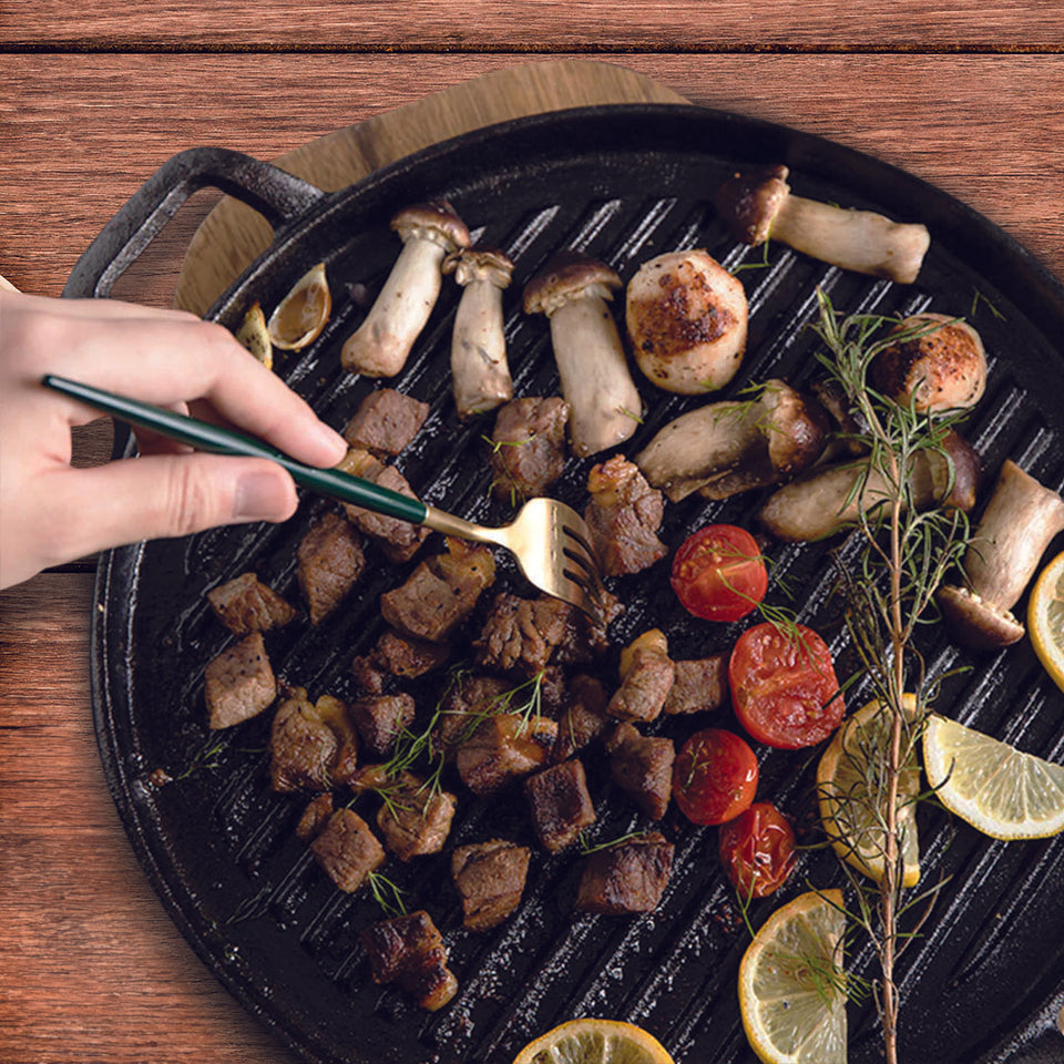 SOGA 2X 30cm Ribbed Cast Iron Frying Pan Skillet Coating Steak Sizzle Platter