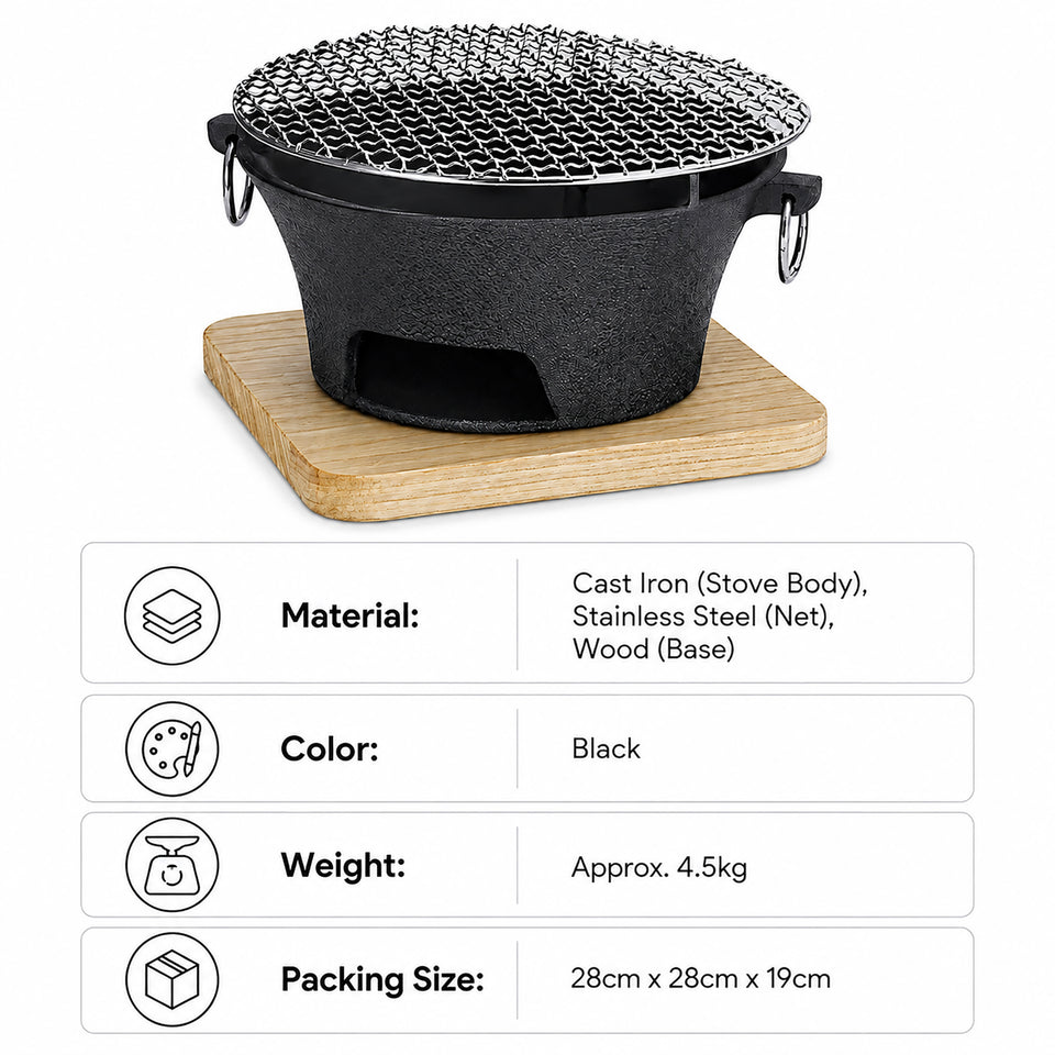 SOGA Large Cast Iron Round Stove Charcoal Table Net Grill Japanese Style BBQ Picnic Camping with Wooden Board