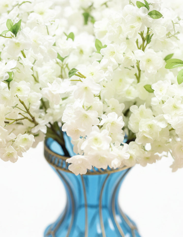 SOGA 67cm Blue Glass Tall Floor Vase with 10pcs White Artificial Fake Flower Set