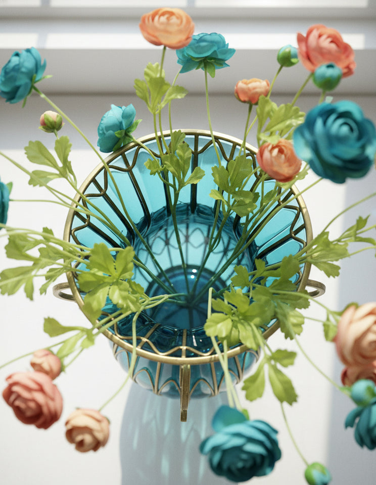 SOGA 51cm Blue Glass Tall Floor Vase with 12pcs Artificial Fake Flower Set