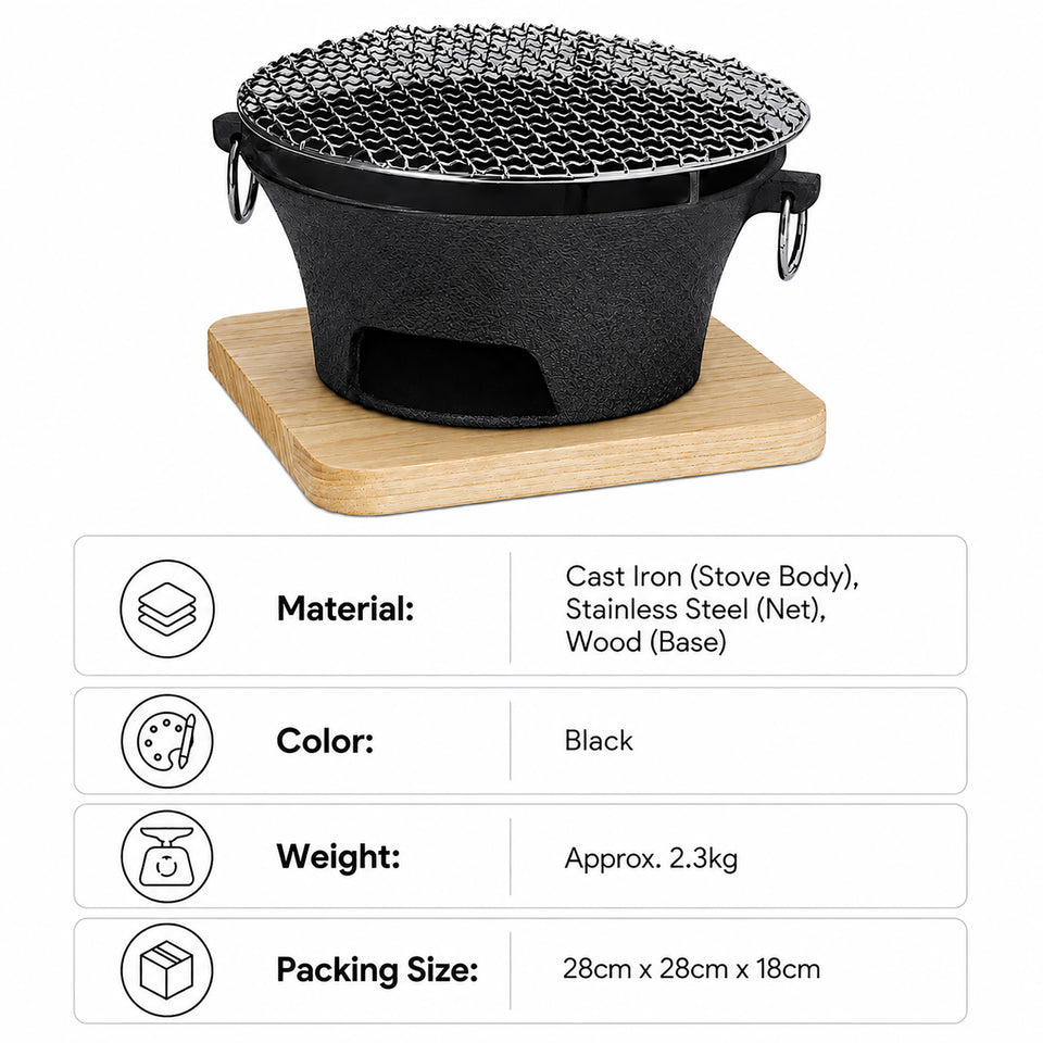 SOGA Medium Cast Iron Round Stove Charcoal Table Net Grill Japanese Style BBQ Picnic Camping with Wooden Board