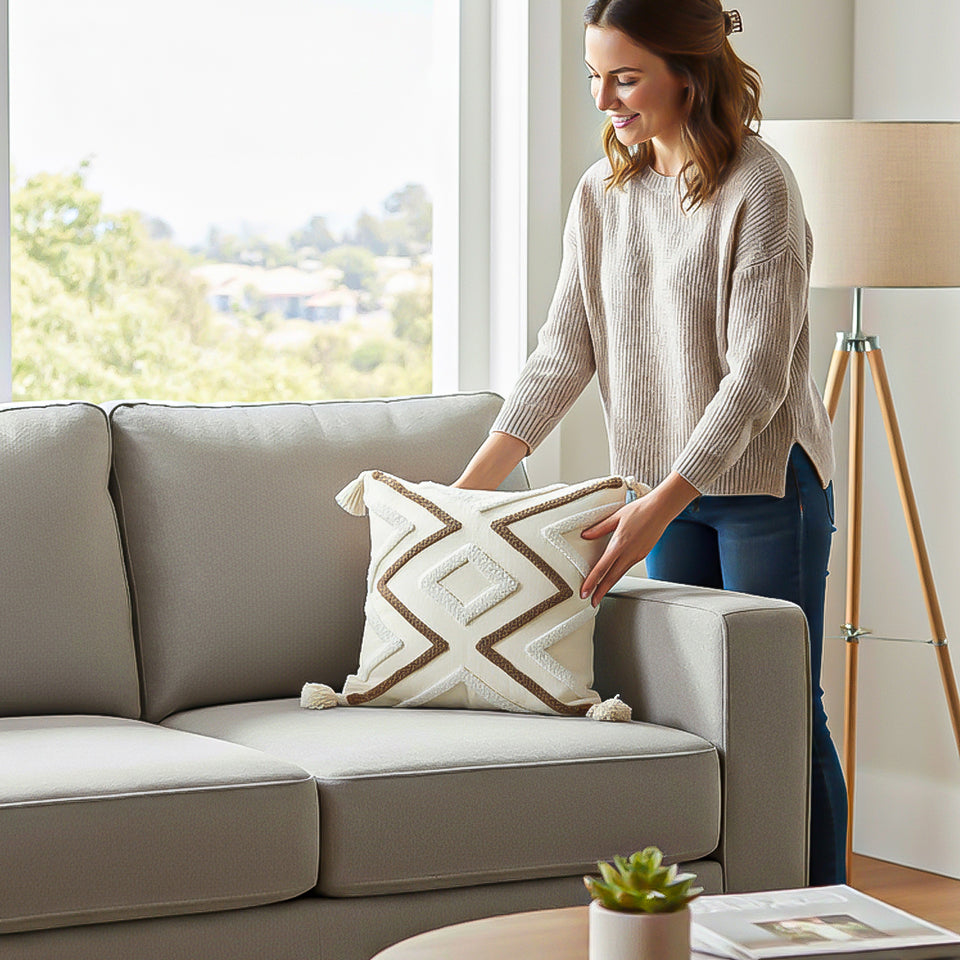 SOGA 2X Boho Tufted Cushion 45cm Tassel White Brown Geometric Decorative Throw Pillow