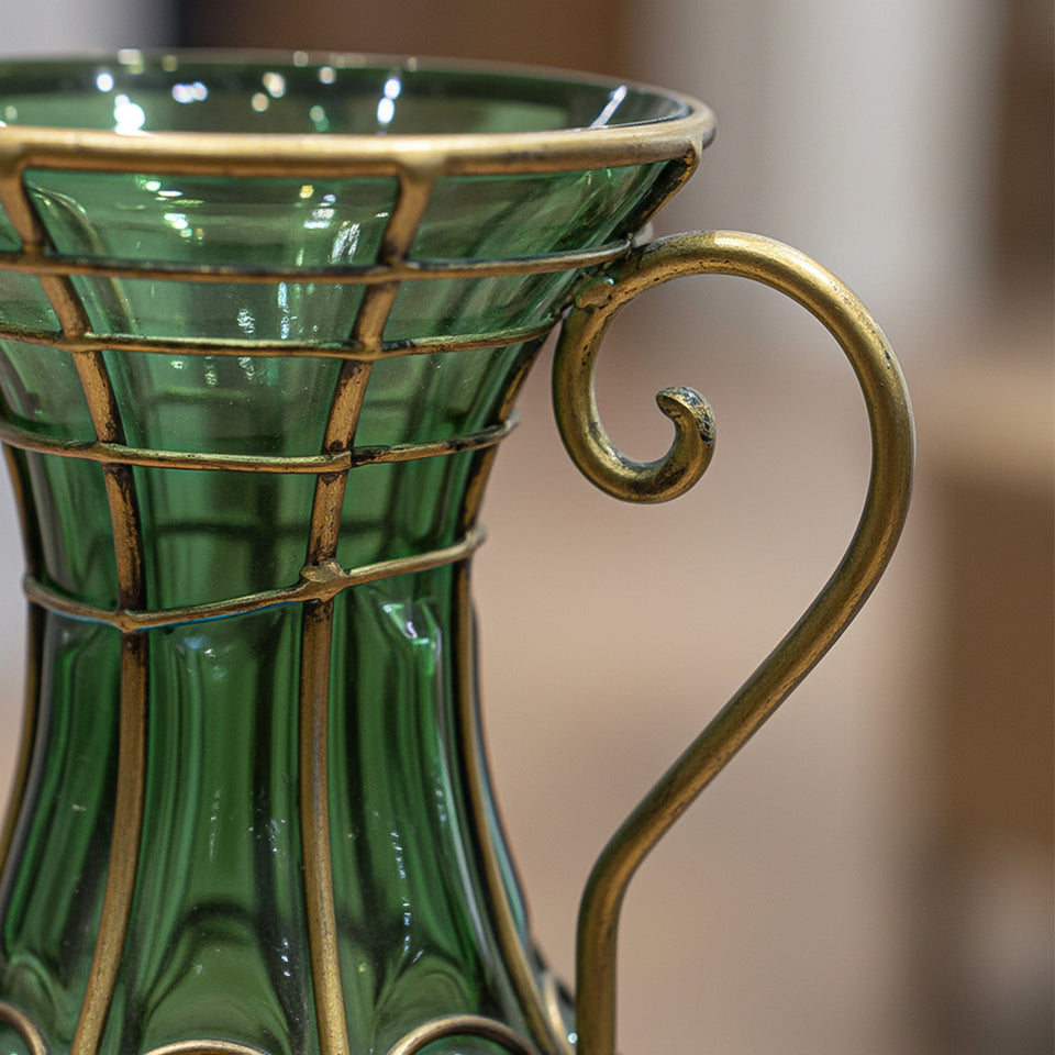 SOGA Green Colored European Glass Flower Vase Solid Base with Two Gold Metal Handle