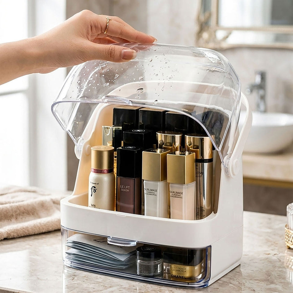 SOGA 2X 2 Tier White Countertop Makeup Cosmetic Storage Organiser Skincare Holder Jewelry Storage Box with Handle
