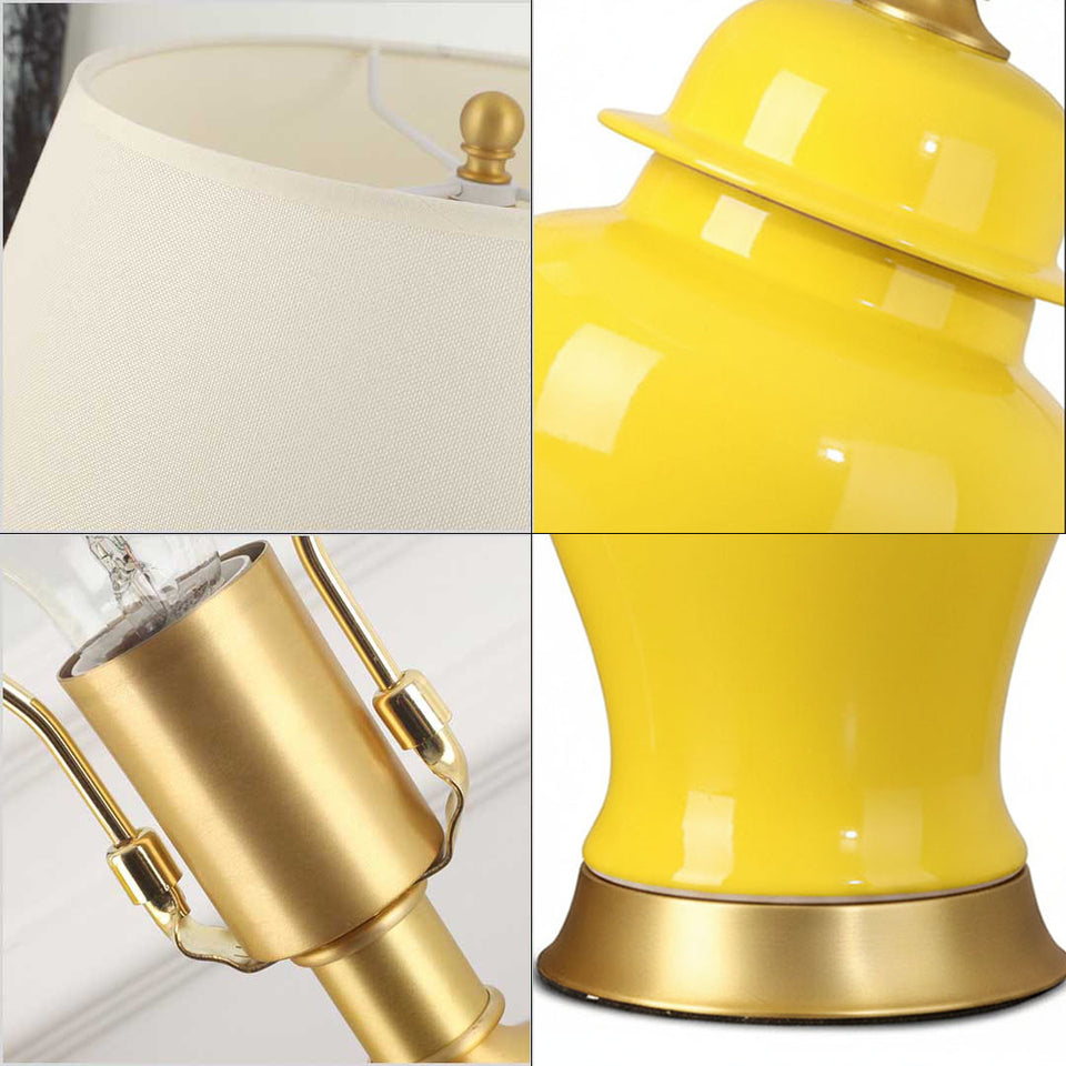 SOGA Oval Ceramic Table Lamp with Gold Metal Base Desk Lamp Yellow