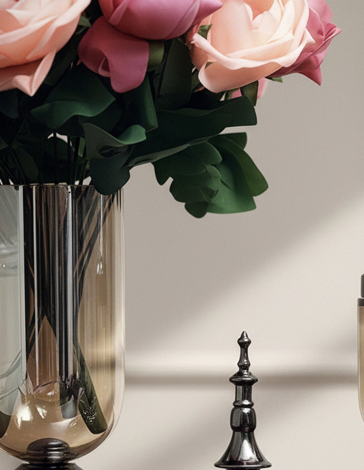 SOGA 2 x Clear Glass Flower Vase with Lid and Pink Flower Filler Vase Black Set