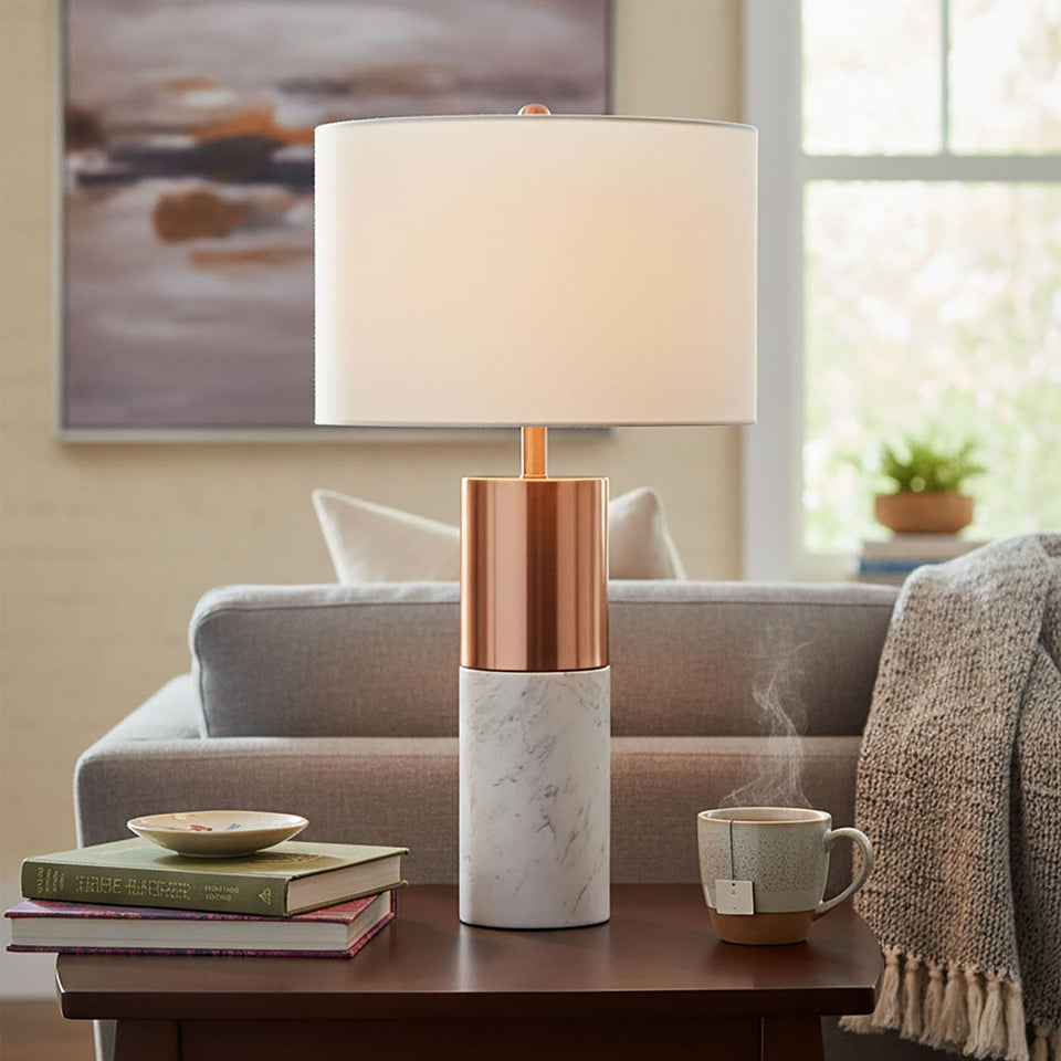SOGA 60cm White Marble Bedside Modern Desk Table Lamp Living Room Shade with Cylinder Base