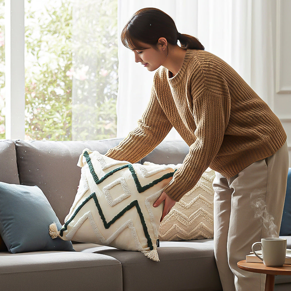 SOGA Boho Tufted Cushion 45cm Tassel Beige Green Geometric Chevron Throw Pillow