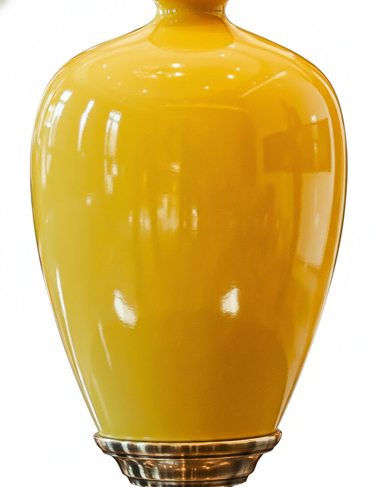 SOGA 40cm Ceramic Oval Flower Vase with Gold Metal Base Yellow