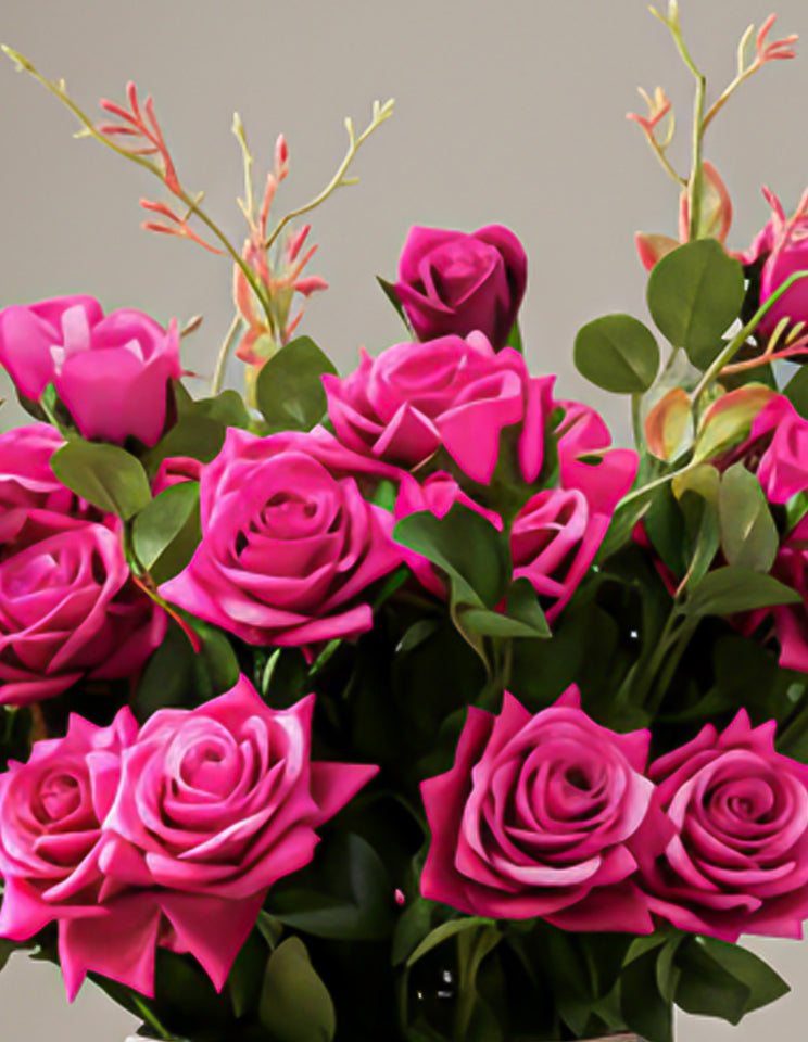SOGA 85cm Blue Glass Tall Floor Vase and 12pcs Dark Pink Artificial Fake Flower Set