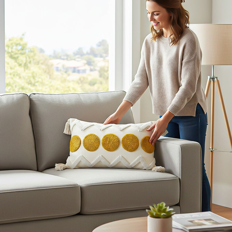 SOGA 2X 30cm Cream Yellow Circle Pom Chevron Tassel Decorative Pillow
