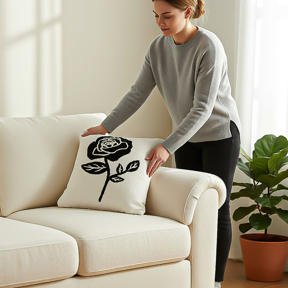 SOGA 2X 45cm White Black Single Rose Embroidered Throw Pillow