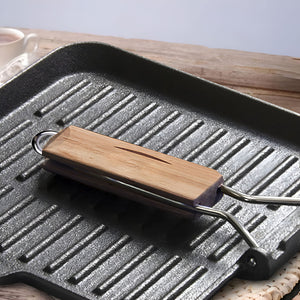 SOGA 2X 28cm Ribbed Cast Iron Square Steak Frying Grill Skillet Pan with Folding Wooden Handle