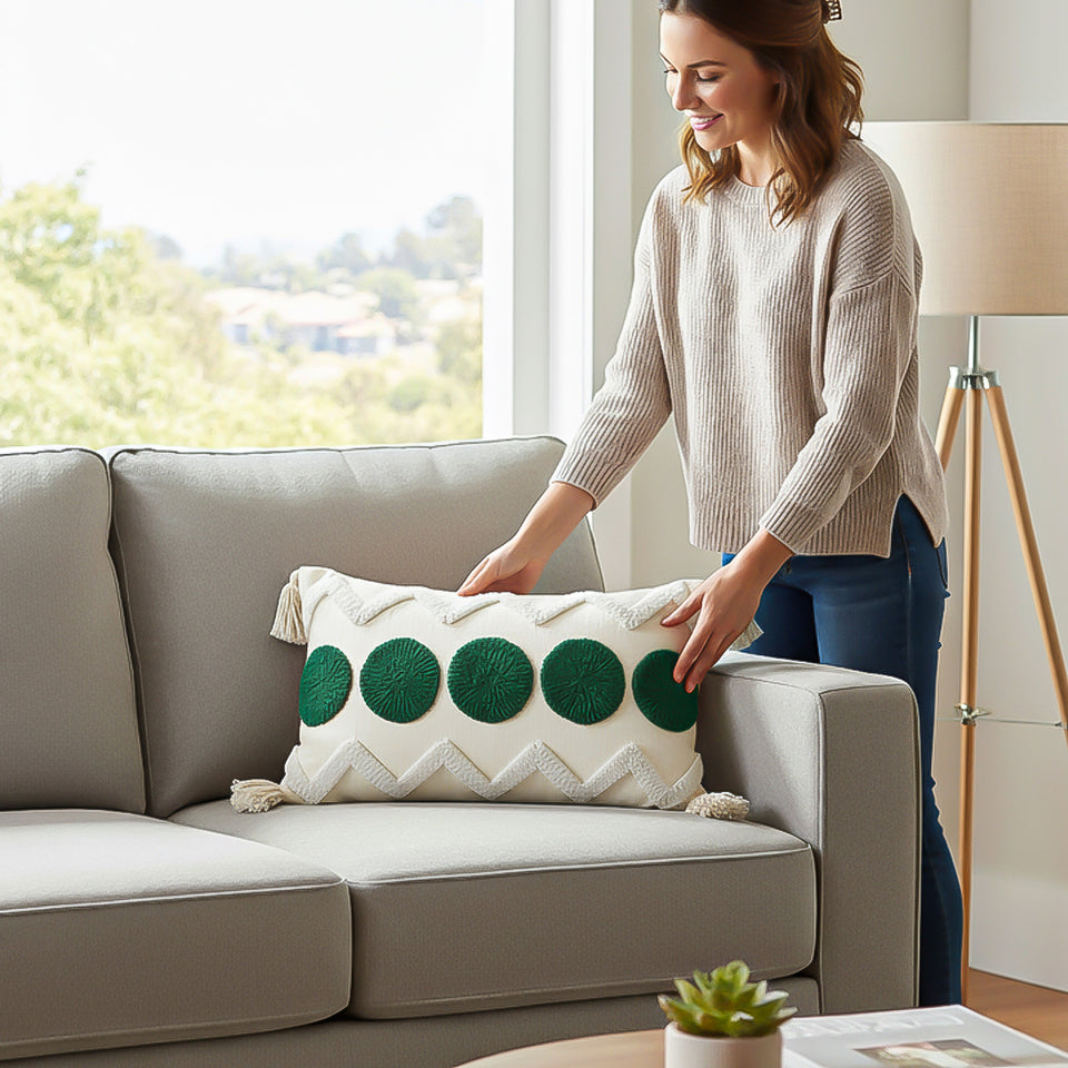 SOGA 2X 30cm Cream Green Circle Pom Chevron Tassel Decorative Pillow