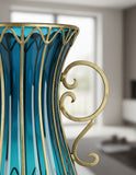 SOGA 51cm Blue Glass Oval Floor Vase with Metal Flower Stand