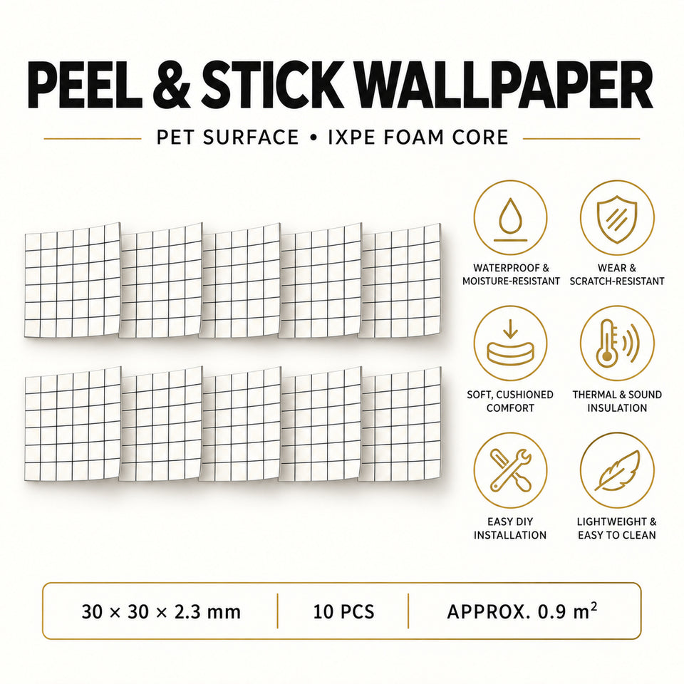 SOGA Peel & Stick Floor and Wall Tiles 30 x 30cm 10 Pack White Grid Tile Look