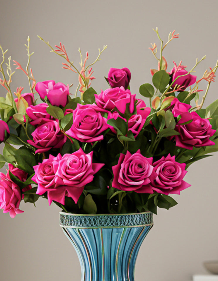 SOGA 67cm Blue Glass Tall Floor Vase and 12pcs Dark Pink Artificial Fake Flower Set