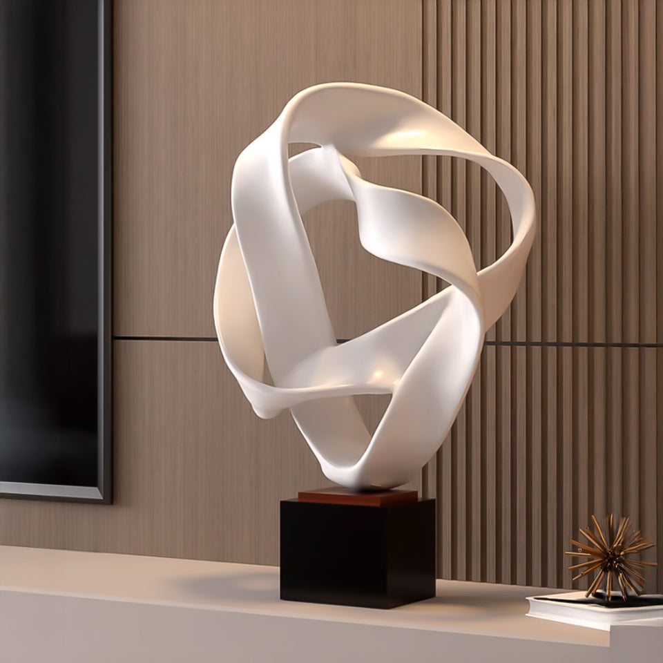 SOGA 41cm White Abstract Sculpture Loop-Inspired Art with Black Base for Home Decor