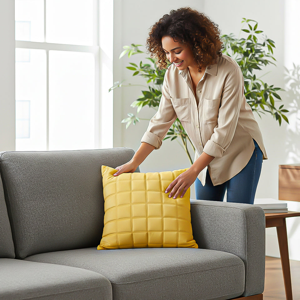 SOGA 2X 50cm Yellow Quilted Grid Pattern Decorative Throw Pillow