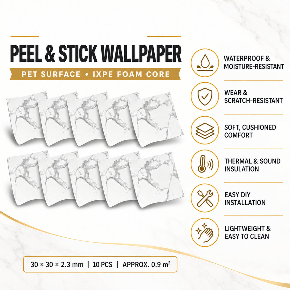 SOGA Peel & Stick Floor and Wall Tiles 30 x 30cm 10 Pack White Grey Faux Marble