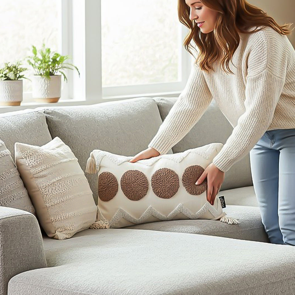 SOGA Boho Tufted Cushion 30x50cm Tassel White Brown Circle Decorative Throw Pillow