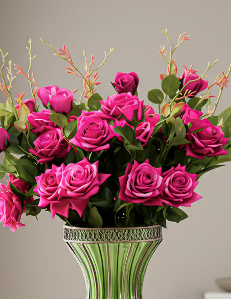 SOGA 67cm Green Glass Tall Floor Vase and 12pcs Dark Pink Artificial Fake Flower Set