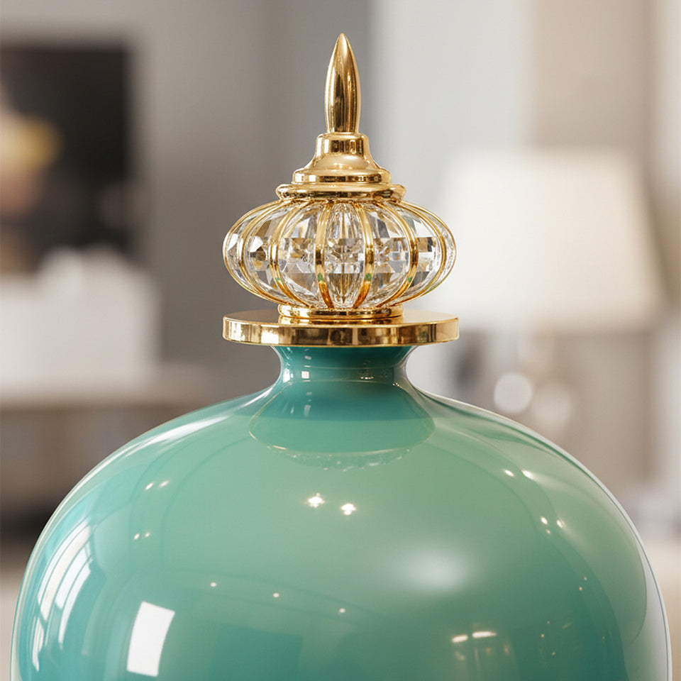 SOGA 2x 42cm Ceramic Oval Flower Vase with Gold Metal Base Green