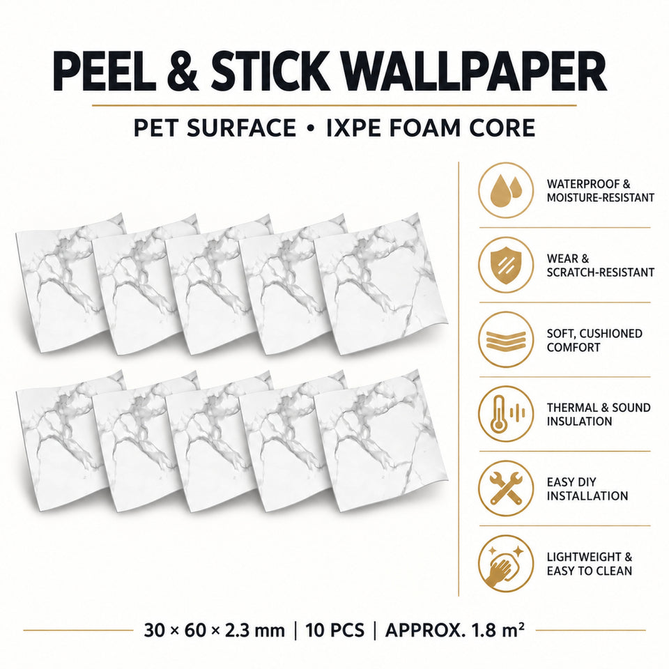 SOGA Peel & Stick Floor and Wall Tiles 30 x 60cm 10 Pack White Grey Faux Marble