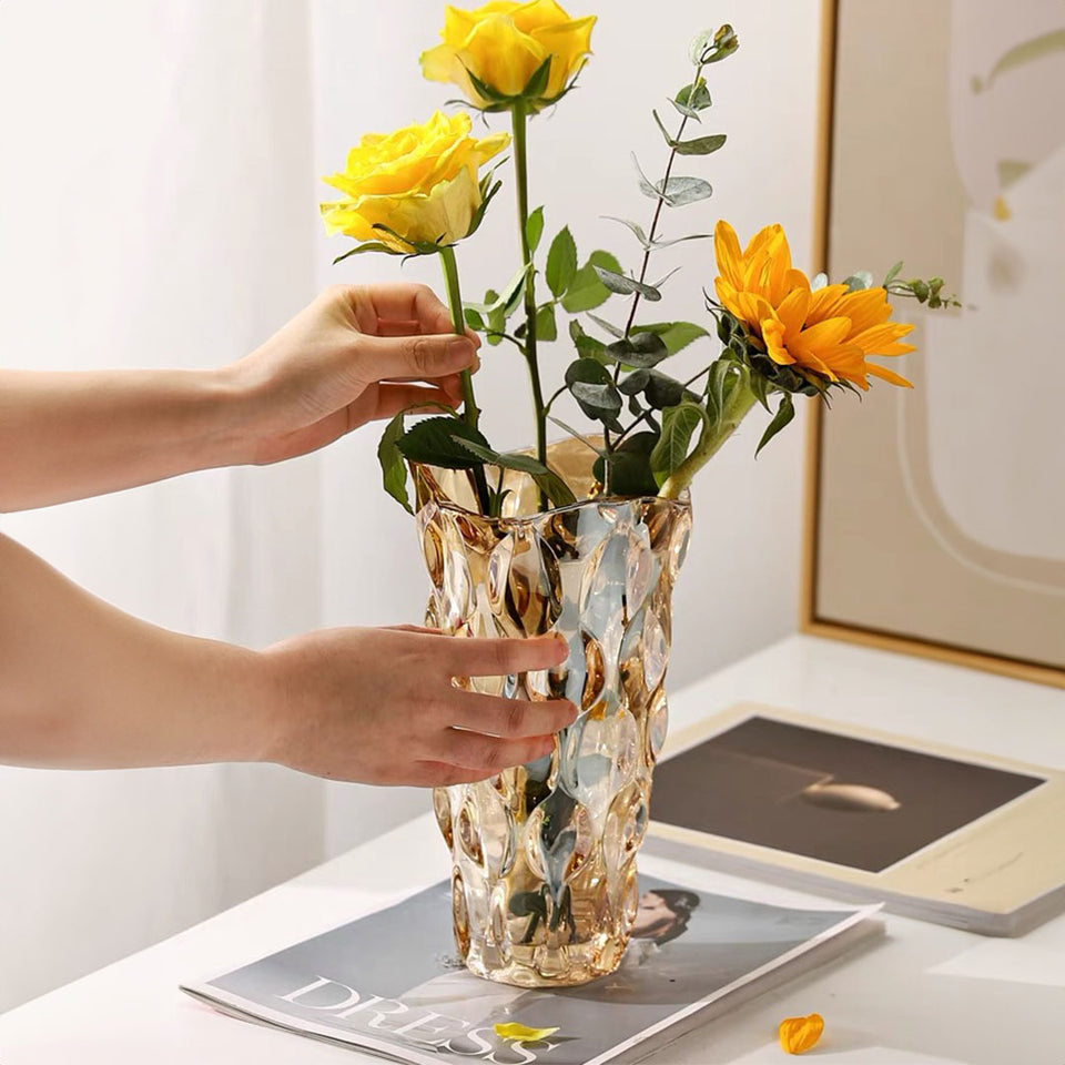 SOGA 29.8cm Golden Amber Glass Crystal Vase Elegant Modern Home Decor