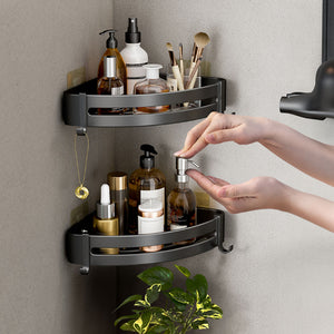 SOGA 2X Black Wall-Mounted Triangular Bathroom Storage Corner Vanity Organiser Space Saving Adhesive Shelf Rack with Hooks