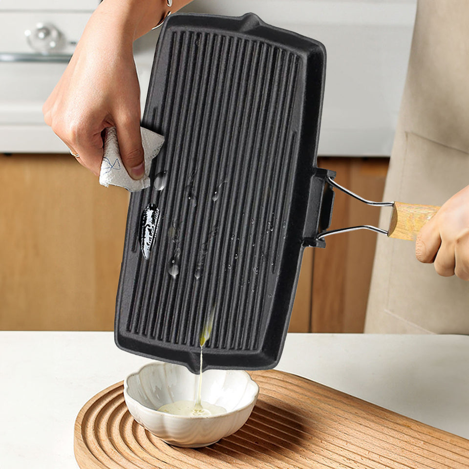 SOGA 20.5cm Rectangular Cast Iron Griddle Pan with Folding Wooden Handle