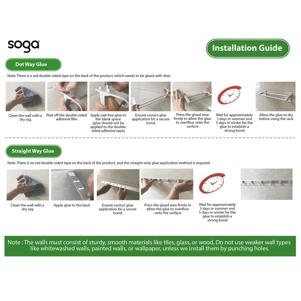SOGA 2X 61cm Wall-Mounted Double Pole Towel Holder Bathroom Organiser Rail Hanger with Hooks