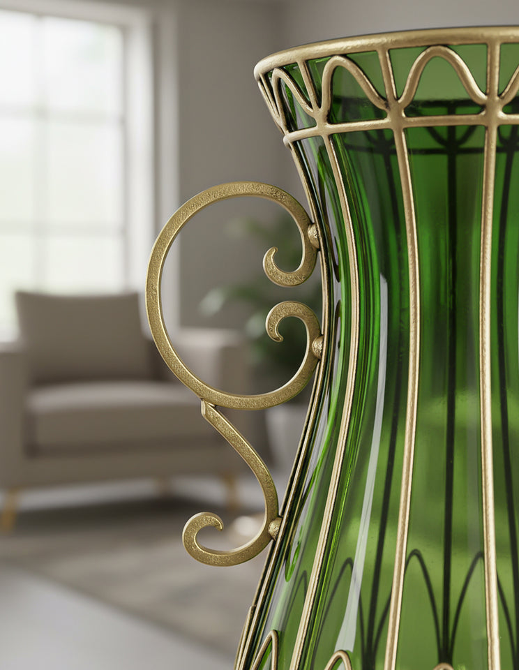 SOGA 51cm Green Glass Oval Floor Vase with Metal Flower Stand