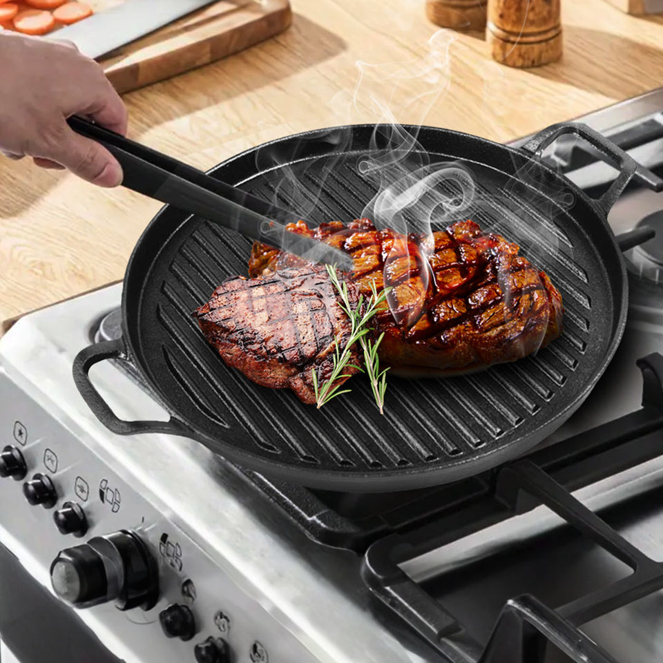 SOGA 2X 30cm Ribbed Cast Iron Frying Pan Skillet Coating Steak Sizzle Platter