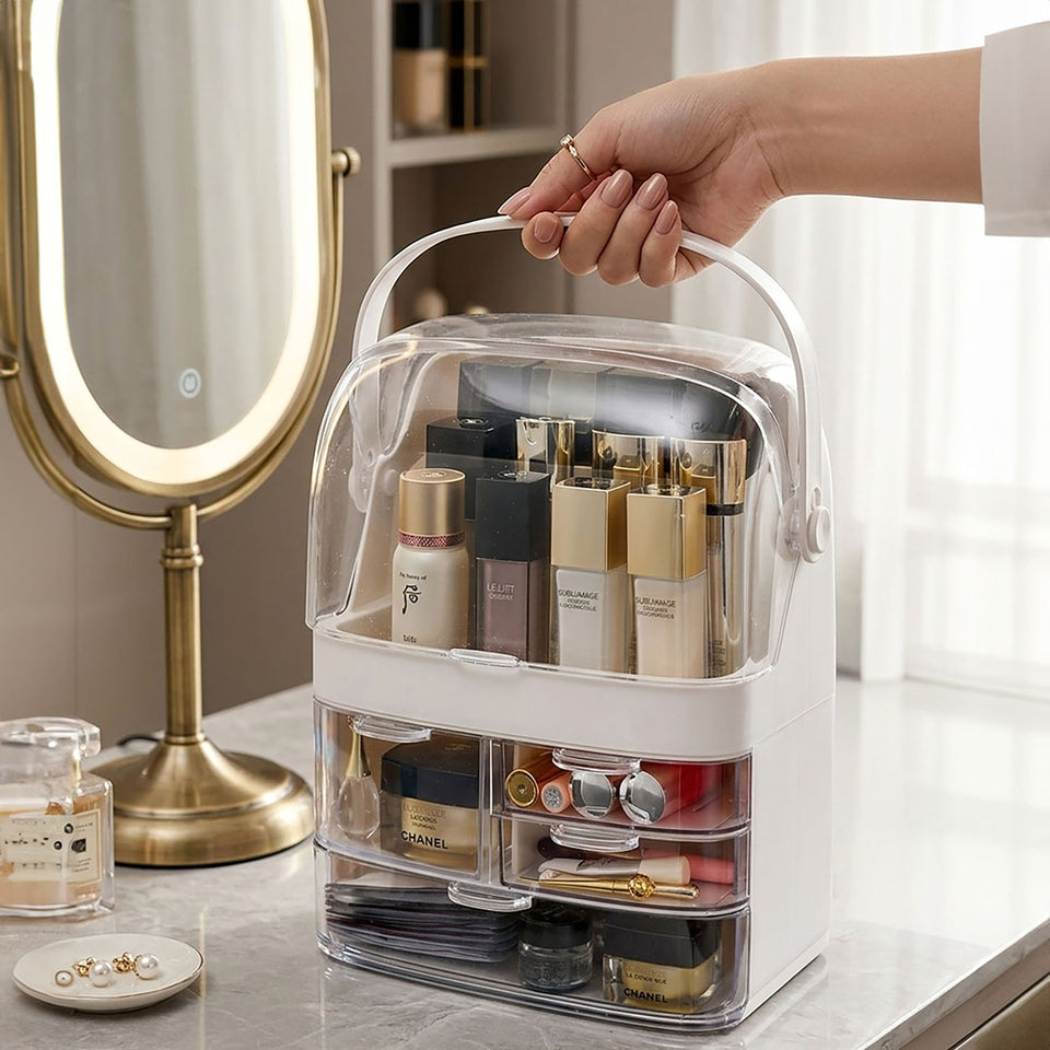 SOGA 3 Tier White Countertop Makeup Cosmetic Storage Organiser Skincare Holder Jewelry Storage Box with Handle