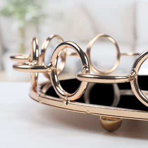 SOGA 38cm Black-Colored Round Mirror Glass Metal Tray Vanity Makeup Perfume Jewelry Organiser with Bronze Metal Frame Handles