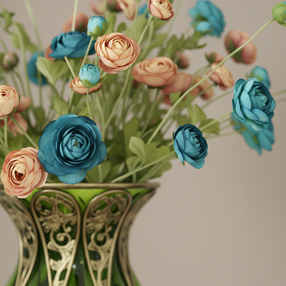 SOGA 85cm Green Glass Tall Floor Vase and 12pcs Blue Artificial Fake Flower Set