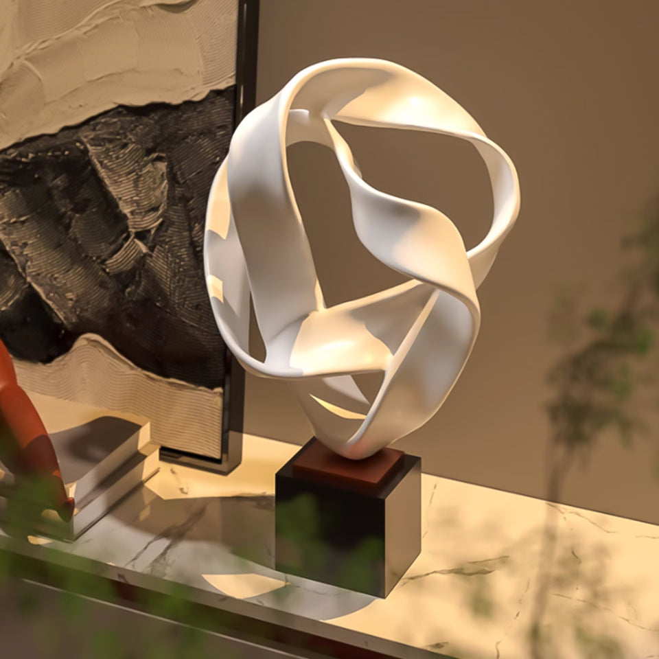 SOGA 41cm White Abstract Sculpture Loop-Inspired Art with Black Base for Home Decor