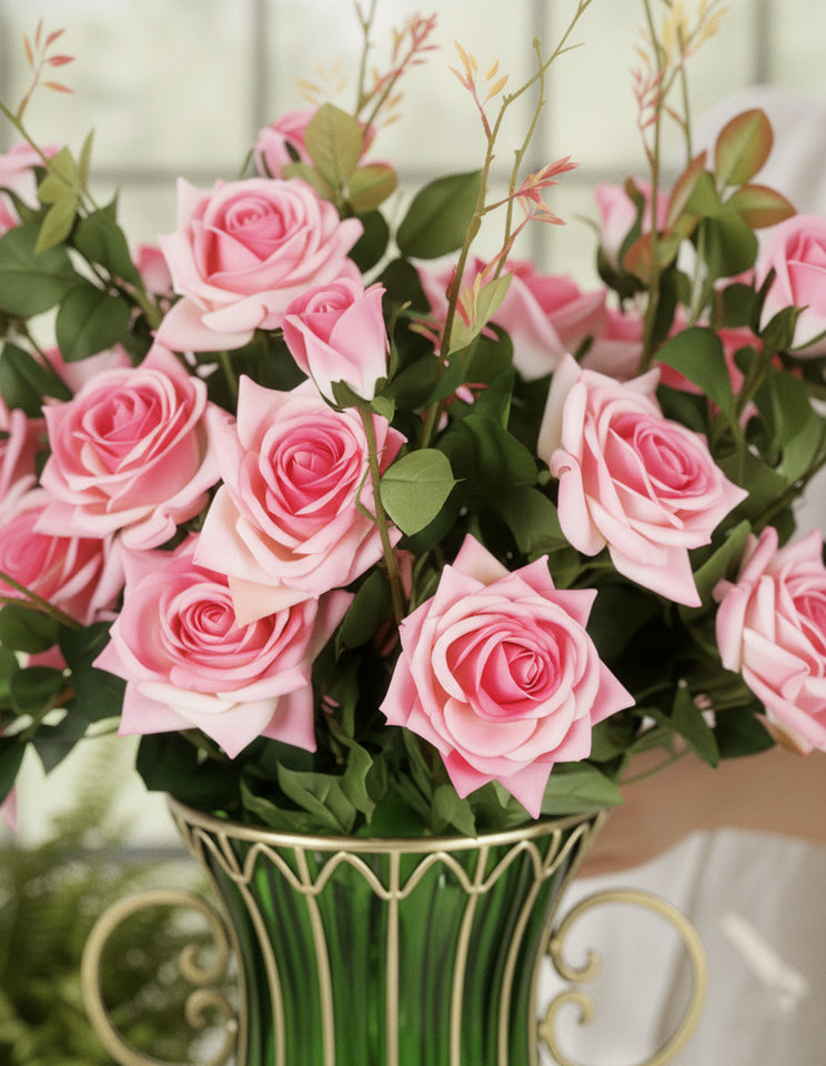SOGA 51cm Green Glass Tall Floor Vase with 12pcs Pink Artificial Fake Flower Set