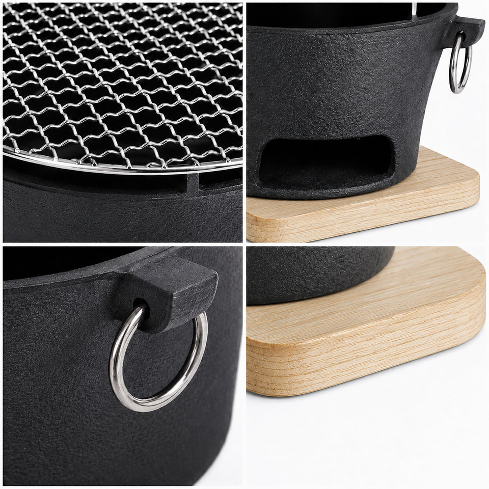 SOGA 2X Large Cast Iron Round Stove Charcoal Table Net Grill Japanese Style BBQ Picnic Camping with Wooden Board