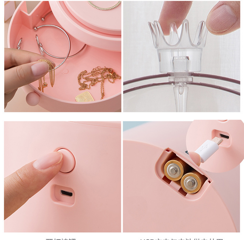 SOGA Pink 360 Degree Rotating LED Light 2 Layered Jewelry Storage Box Waterproof Dustproof Accessories Organiser