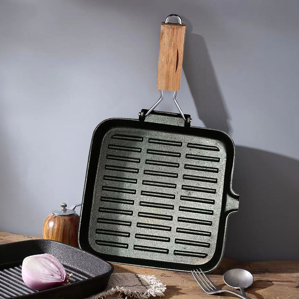 SOGA 24cm Ribbed Cast Iron Square Steak Frying Grill Skillet Pan with Folding Wooden Handle