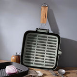 SOGA 24cm Ribbed Cast Iron Square Steak Frying Grill Skillet Pan with Folding Wooden Handle