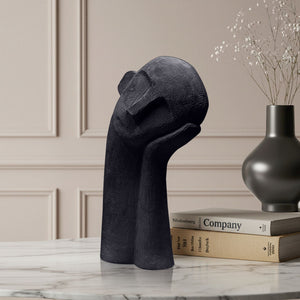 SOGA 38cm Black Minimalist Head Resin Sculpture with Hand at Side and Linear Texture for Home Decor