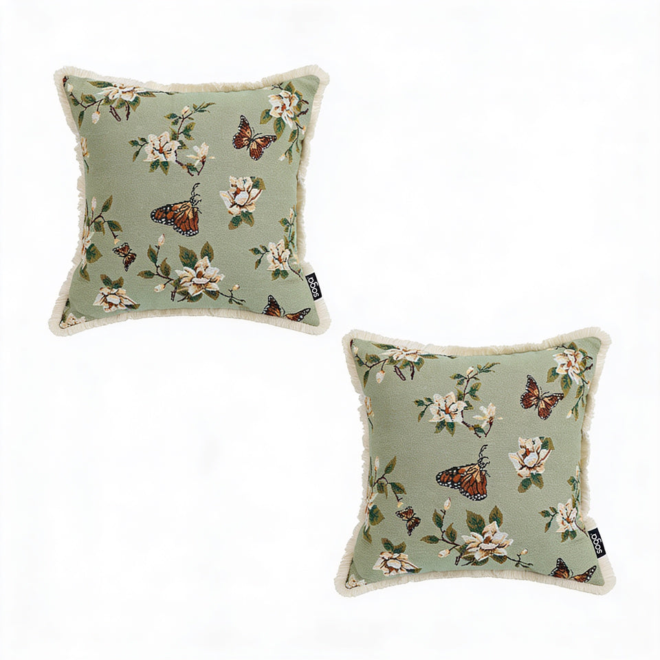 SOGA 2X 45cm Matcha Green French Vintage Butterfly Loves Flowers Tassel Throw pillow